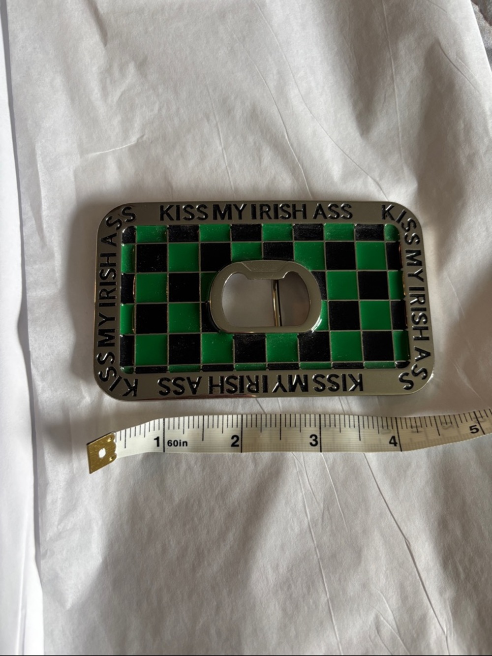 Kiss My Irish Ass Green & Black Checker Bottle Opener Belt Buckle